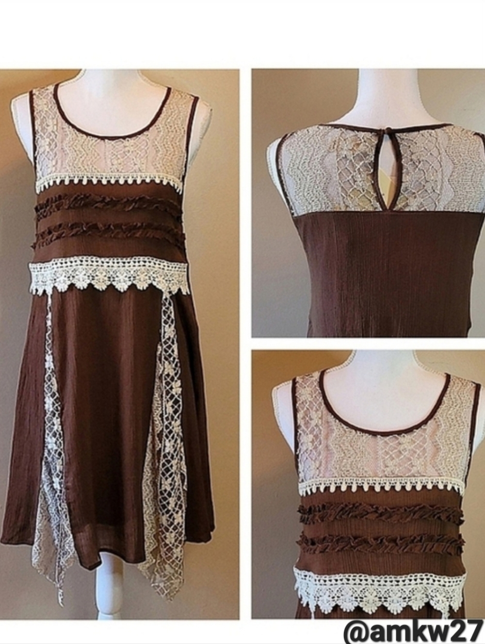 NWT A'reve Sleeveless Brown Dress w/ Crochet Detailing Cream Lace w/ Ruffles